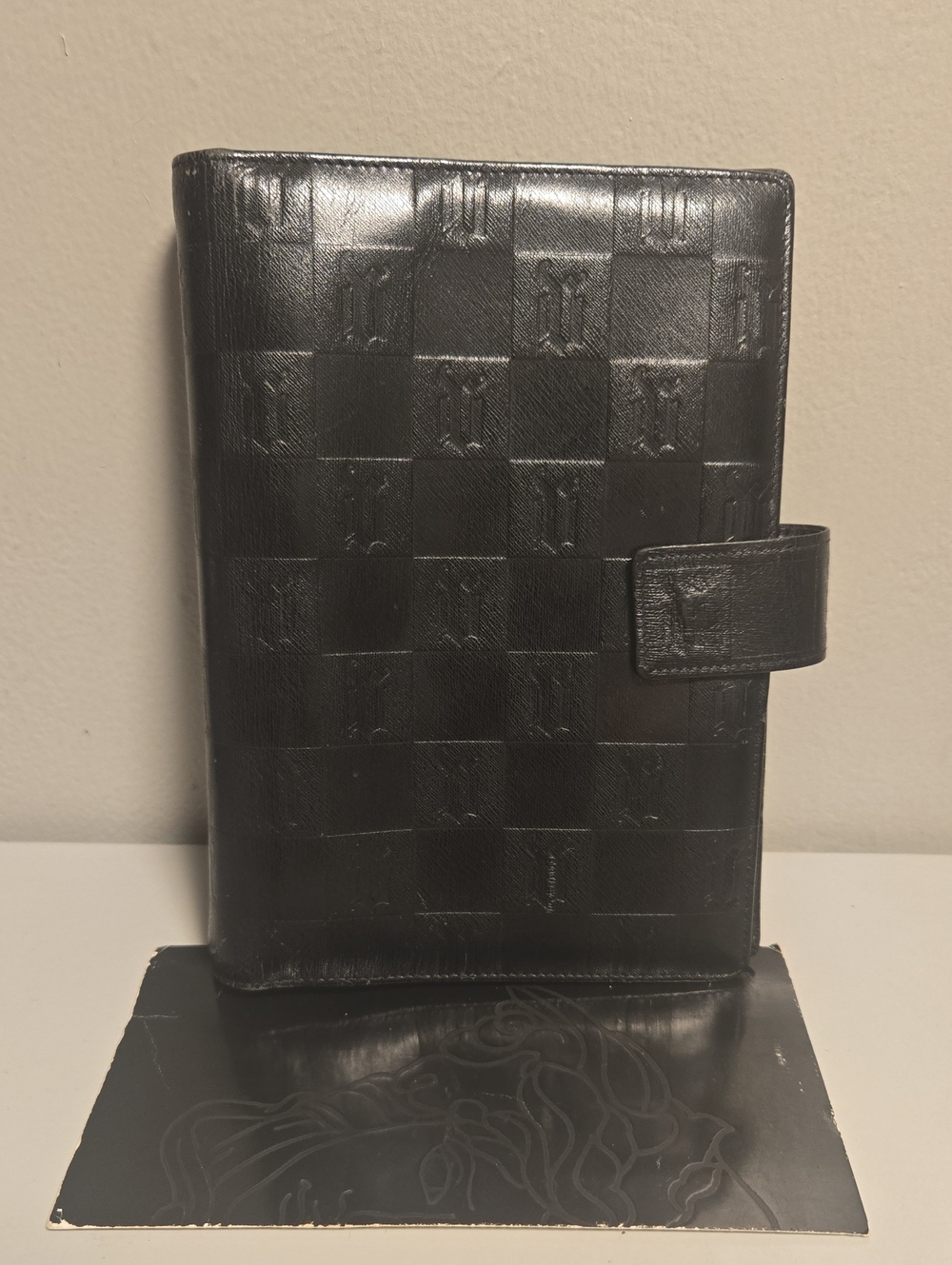 Versace Black Embossed Checker Leather Organizer